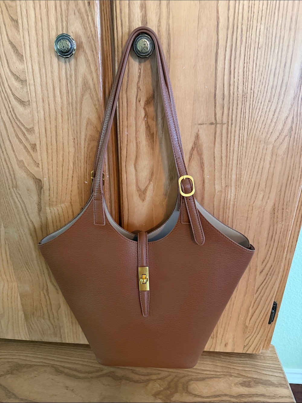 Miztique Chestnut Brown Leather Shoulder Tote with Gold Hardware